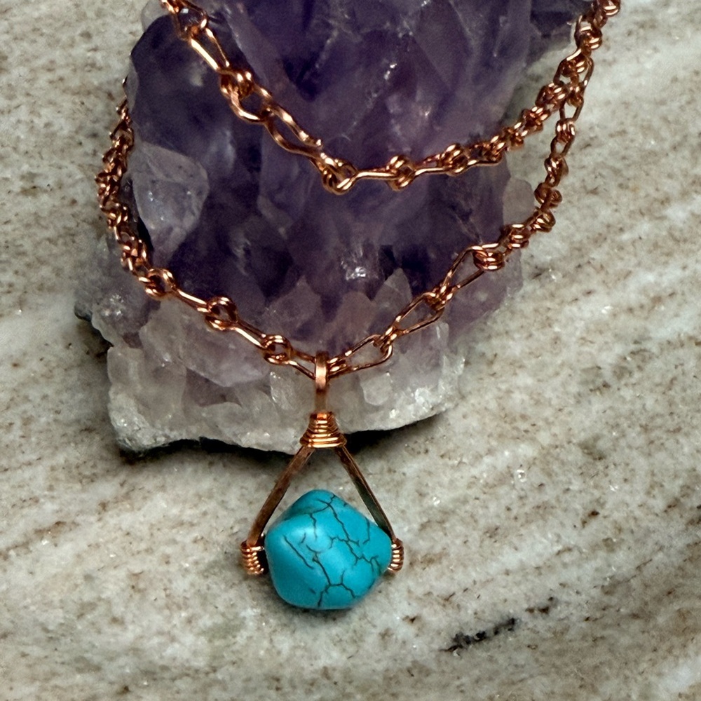 Handmade Turquoise Copper Wishbone Pendant Necklace